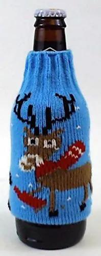 Uncle Bob's Ugly Sweater Beer Bottle Covers blue knit with reindeer motif on Tampa Home & Garden Store