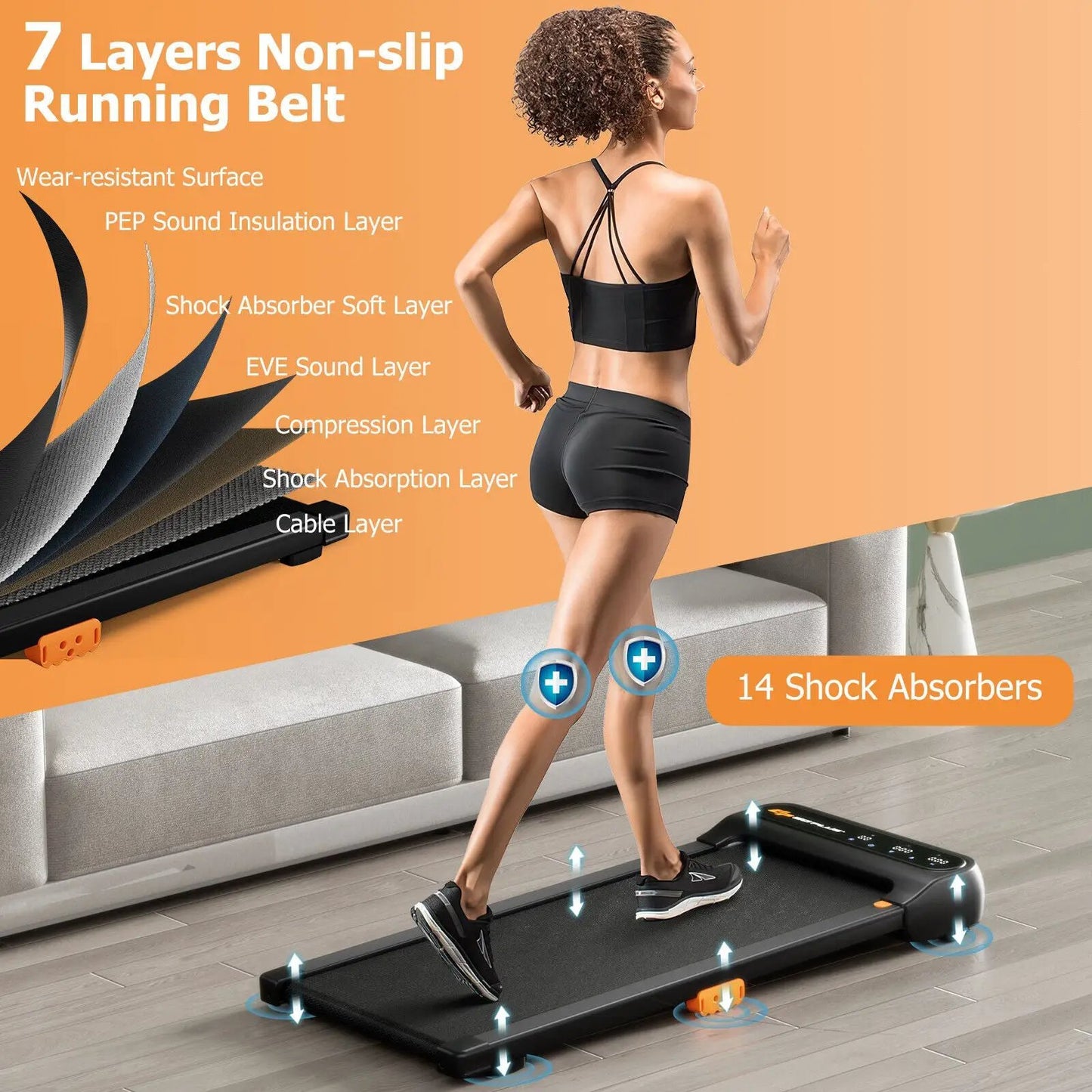 Under Desk Walking Pad Treadmill in black with orange accents for home office on Tampa Home & Garden Store