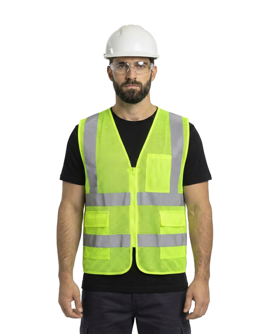 Kiwi ANSI Class 2 Vest neon-lime with reflective strips worn by worker in hard hat on Tampa Home & Garden Store