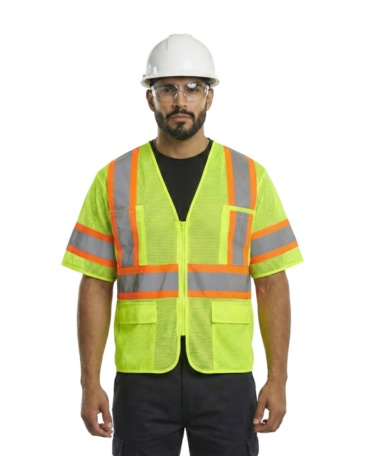 Kiwi hi-vis Class 3 Safety Vest lime with orange stripes worn by a worker on a job site on Tampa Home & Garden Store