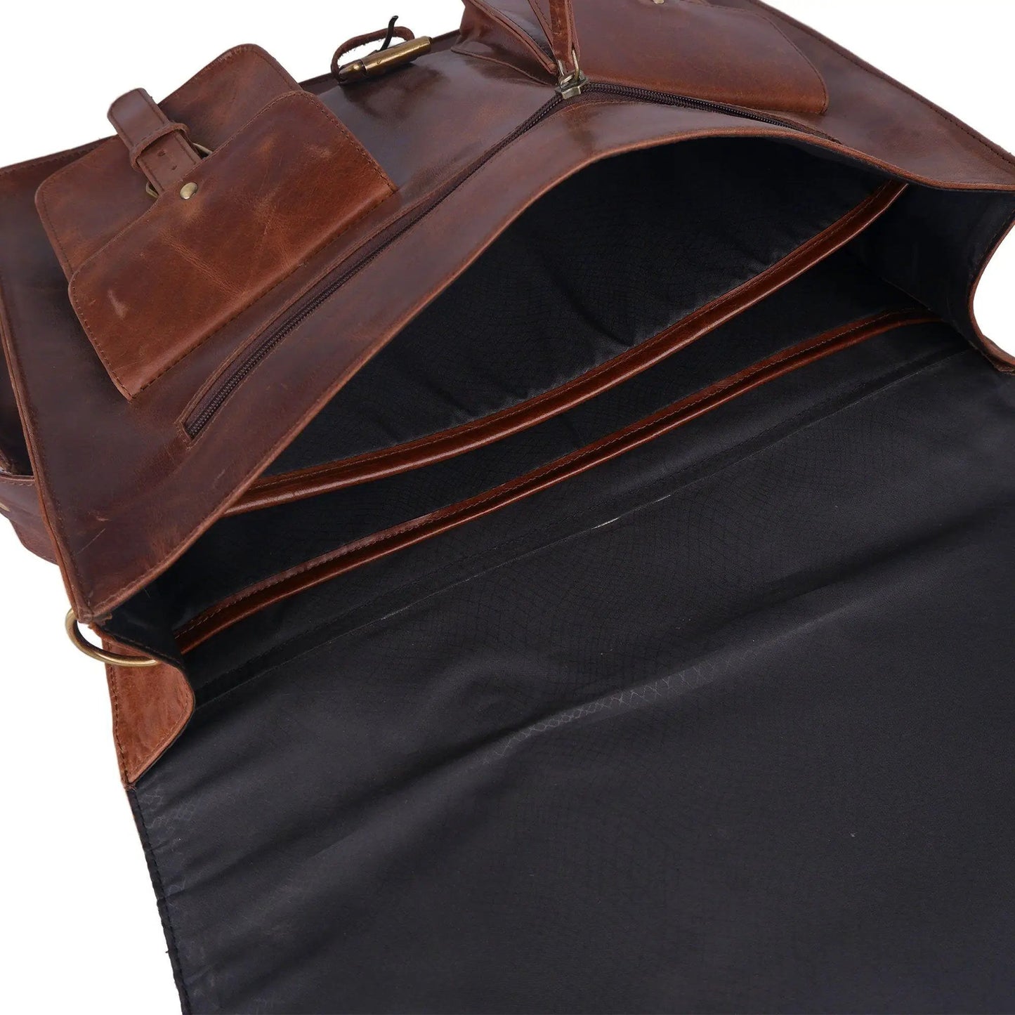 Men's Distressed Buffalo Leather Messenger Bag brown leather with brass hardware and zip pocket on Tampa Home & Garden Store