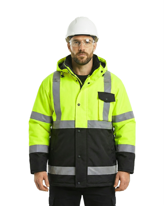 Kiwi High Visibility Hooded Jacket ANSI Class 3 with reflective bands in neon yellow on Tampa Home & Garden Store