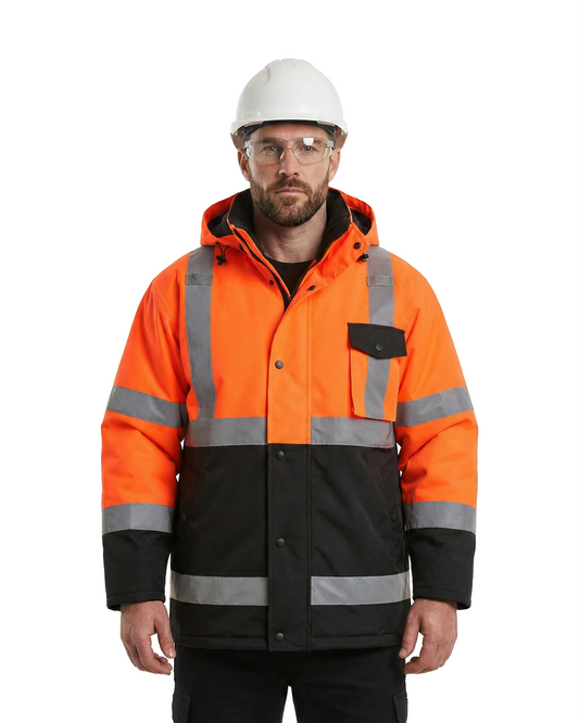 Kiwi High Visibility Hooded Jacket Orange Class 3 with reflective grey stripes worn by a worker on Tampa Home & Garden Store
