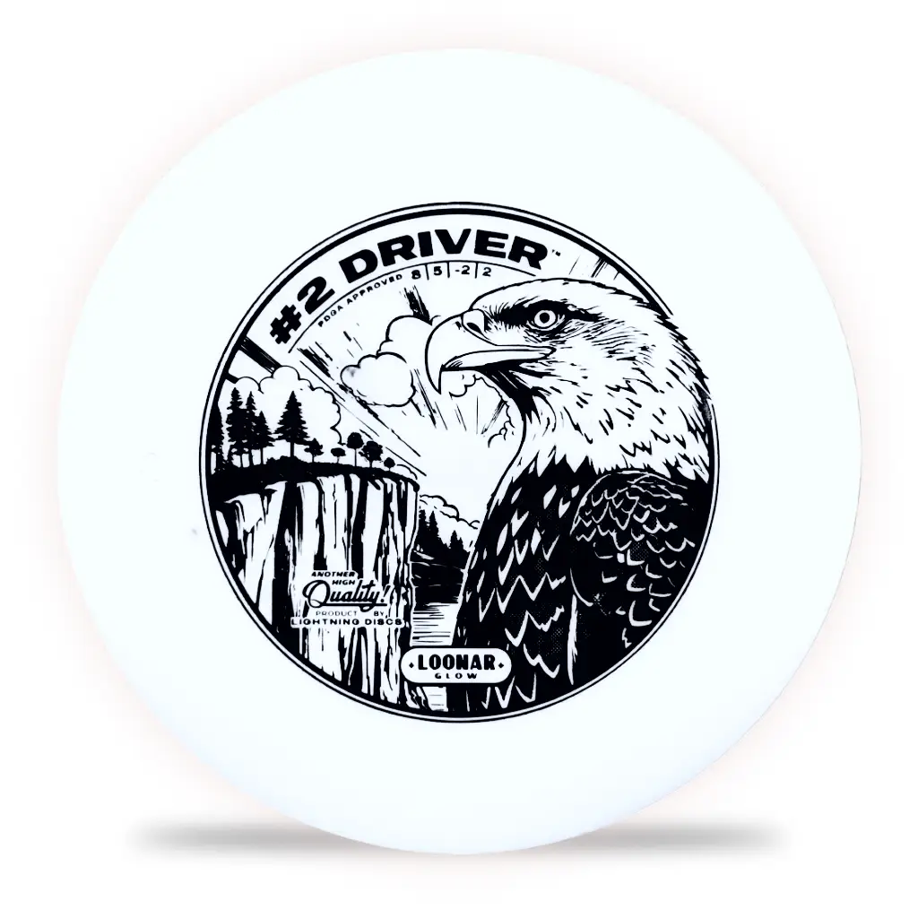 Lightning Loonar Glow 2 fairway driver disc with circular loon artwork on white plastic on Tampa Home & Garden Store
