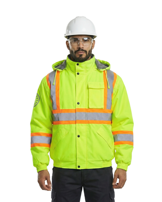 Kiwi High-Visibility Hooded Class 3 jacket lime with orange reflective stripes on Tampa Home & Garden Store