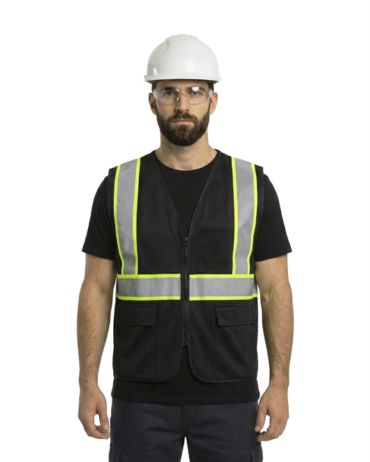 Kiwi High Visibility Vest ANSI ISEA 107 Black with neon-yellow reflective trim worn by worker on Tampa Home & Garden Store