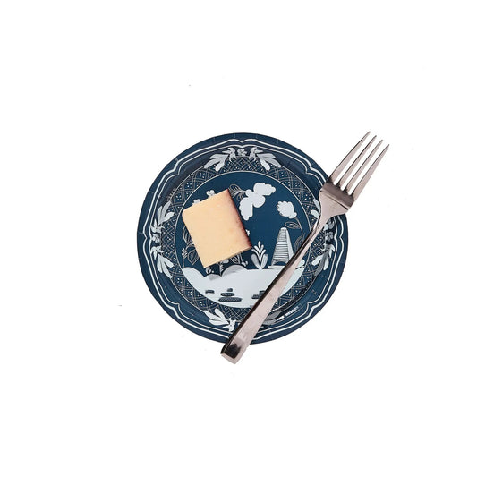 Mini Navy and Sky Blue Paper Plate with white decorative pattern, paired with a silver fork on Tampa Home & Garden Store