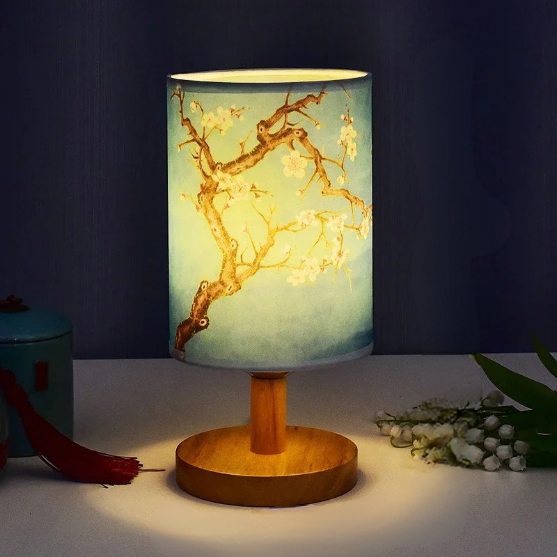 LED Square Table Lamp with blue fabric shade and tree motif, wooden base Moktan Sabai on Tampa Home & Garden Store