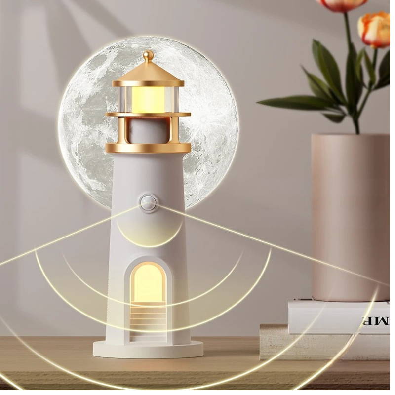 Moon lamp projection night light with Bluetooth speaker, white body and gold accents on Tampa Home & Garden Store