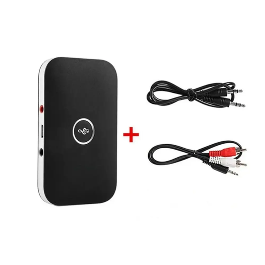 Bluetooth 5.0 transmitter/receiver dongle in black with silver trim, USB and RCA cables on Tampa Home & Garden Store