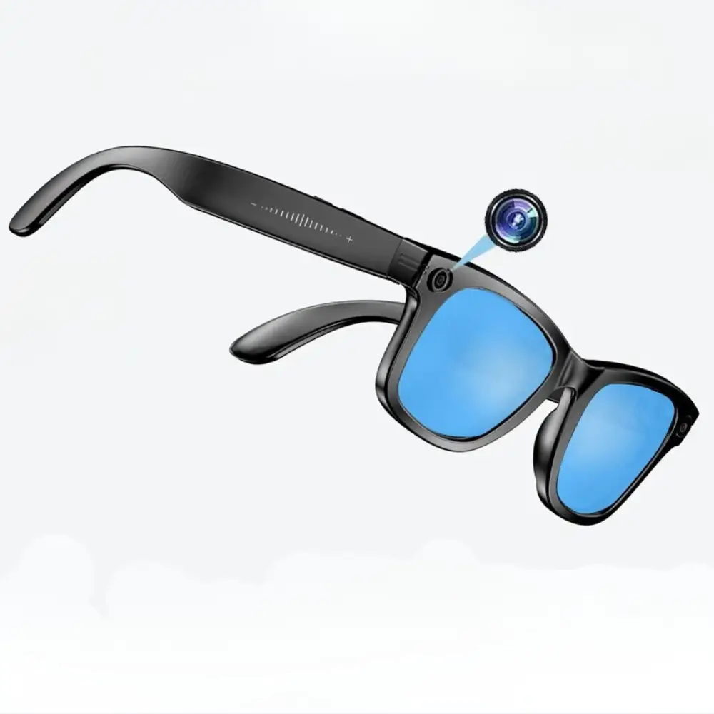 AI Smart Camera Glasses black frame with blue mirror lenses and visible camera on temple on Tampa Home & Garden Store