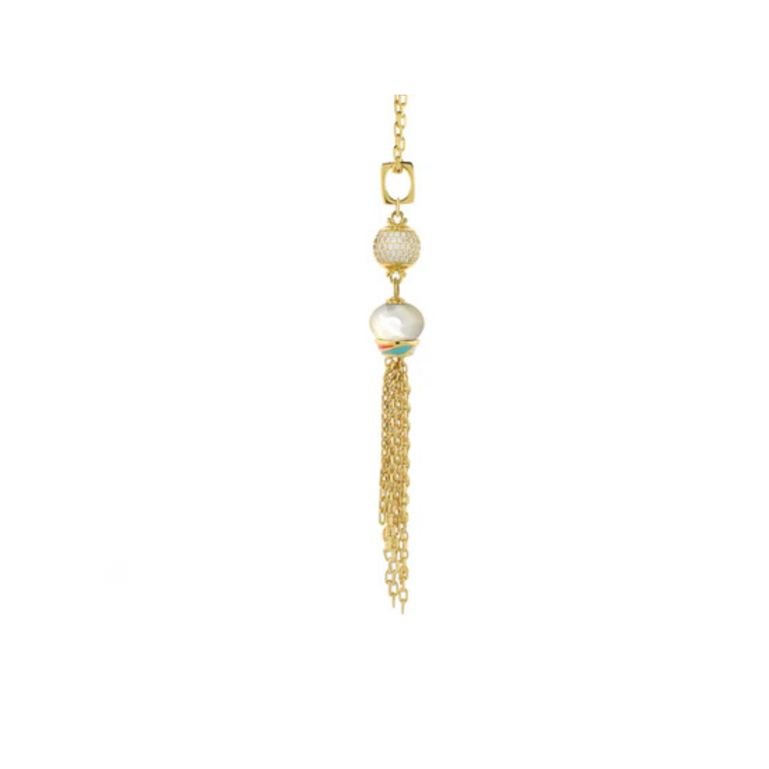 Blue Dream Necklace by Lauren G Adams, gold-toned chain with pearl bead and pave sphere tassel on Tampa Home & Garden Store