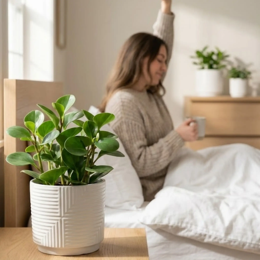 3-piece white stoneware planter set with geometric ribbed design and green plant in foreground on Tampa Home & Garden Store