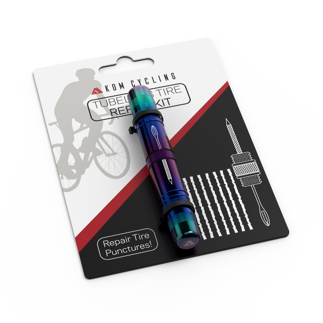 KOM Cycling tubeless tire repair tool kit with colorful anodized body on display card on Tampa Home & Garden Store