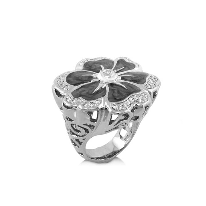 Daisy Swirl Cocktail Ring Lauren G Adams silver flower with black enamel petals pavé accents on Tampa Home & Garden Store