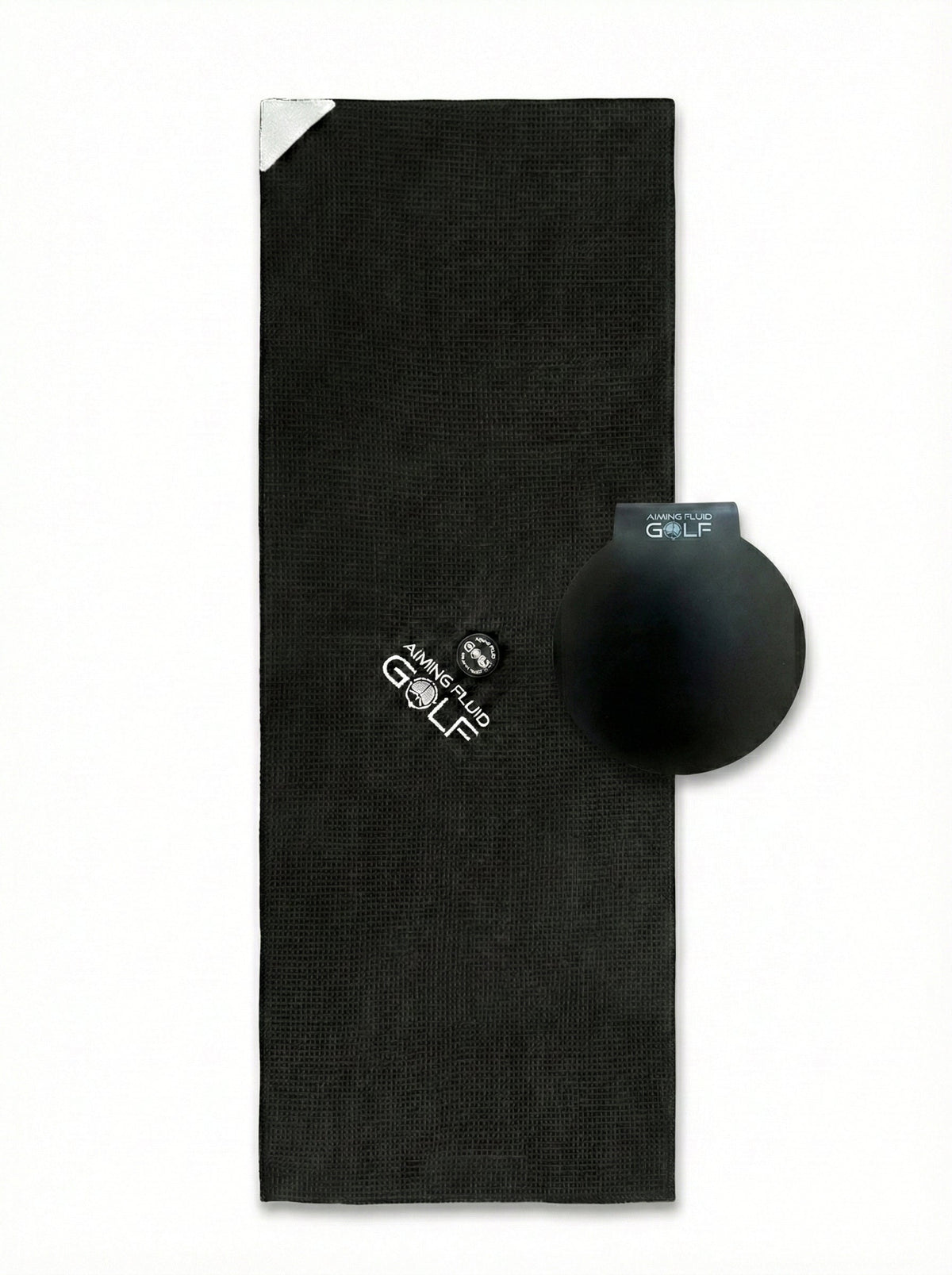 40 Magnetic Golf Towel + Landing Pad System black towel with round pad by Aiming Fluid Golf on Tampa Home & Garden Store