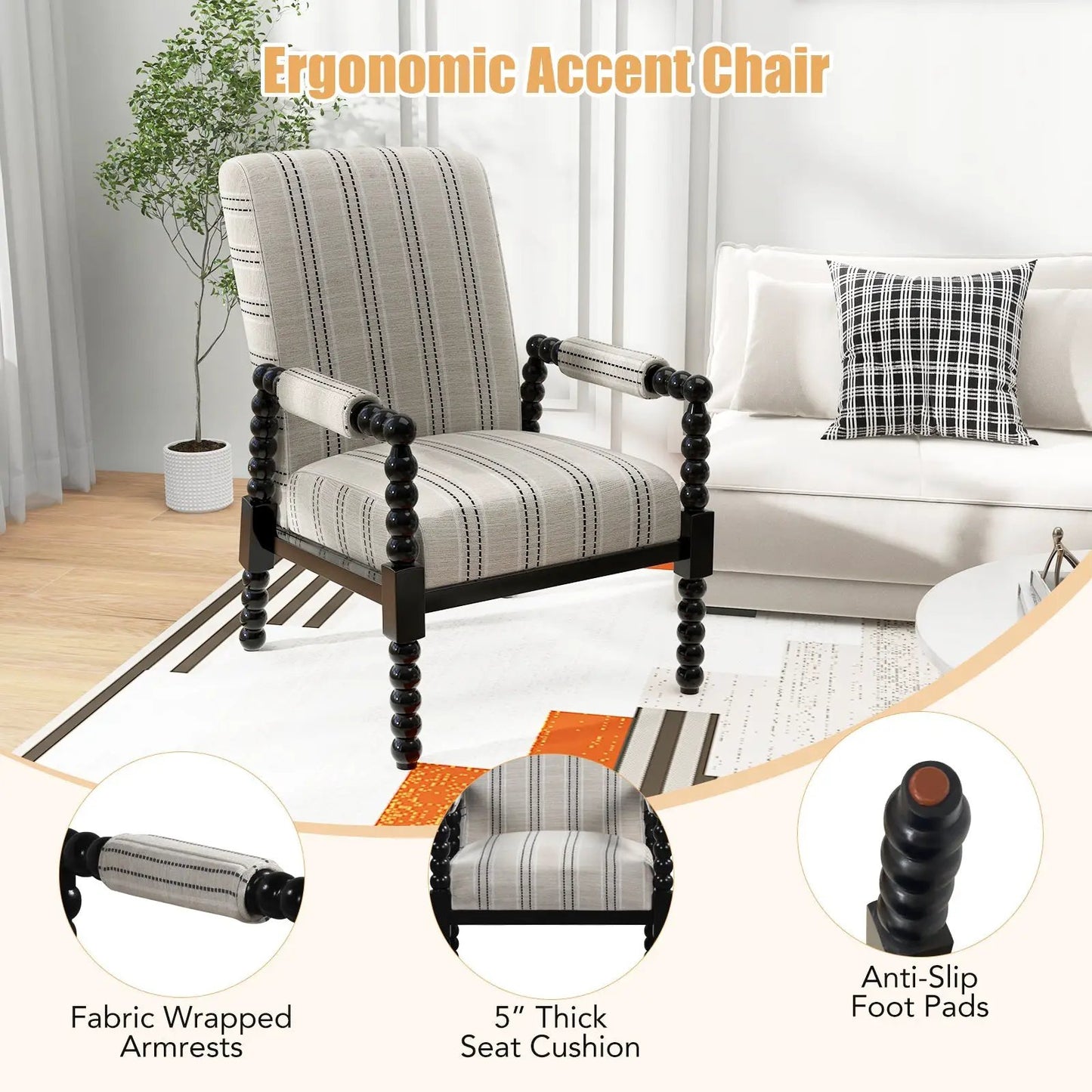 Beige upholstered accent chair with rubber wood frame by DirectDeals, armchair on Tampa Home & Garden Store