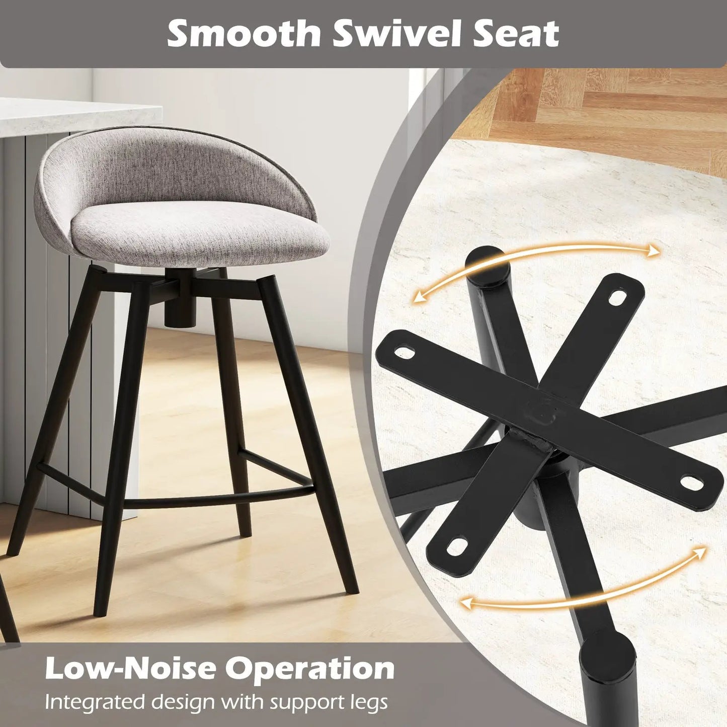 Upholstered bar stool with backrest and footrest, gray fabric, black swivel base on Tampa Home & Garden Store