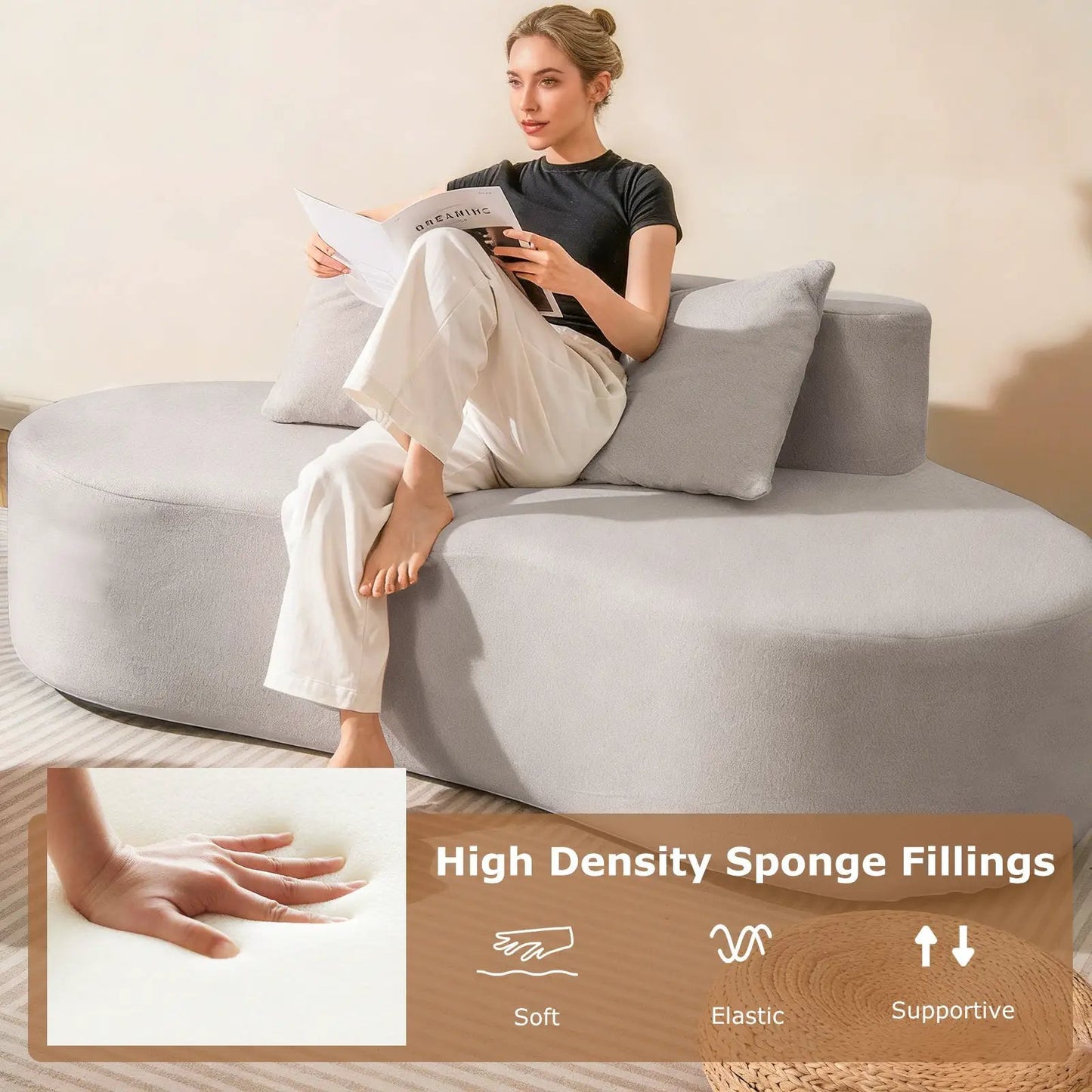 Upholstered Curved Sofa in light gray fabric with 2 cozy pillows DirectDeals on Tampa Home & Garden Store