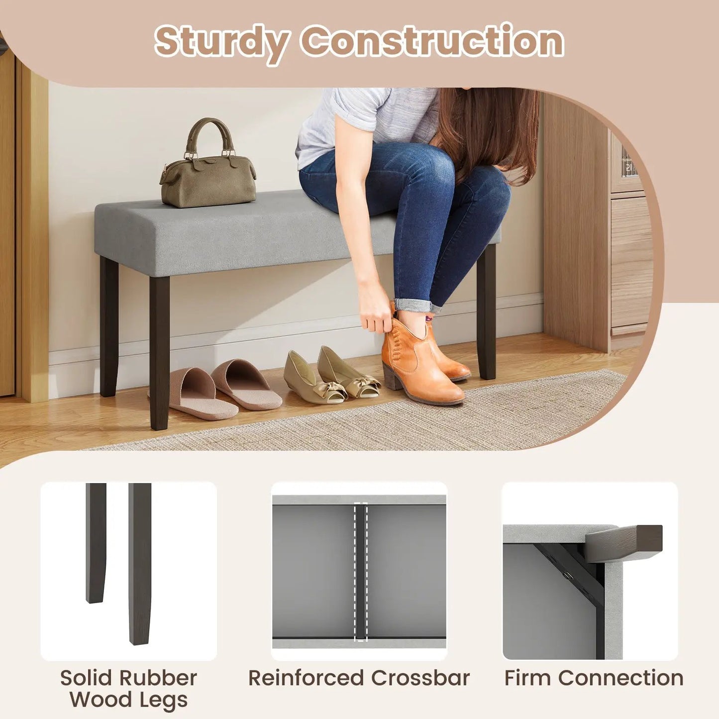 Upholstered gray entryway bench with padded seat and dark wood legs on Tampa Home & Garden Store