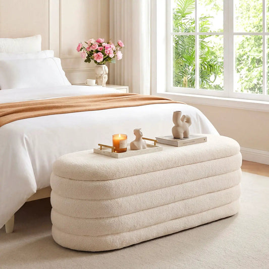 Upholstered fabric storage ottoman bench in cream with stacked rounded layers at bed foot on Tampa Home & Garden Store