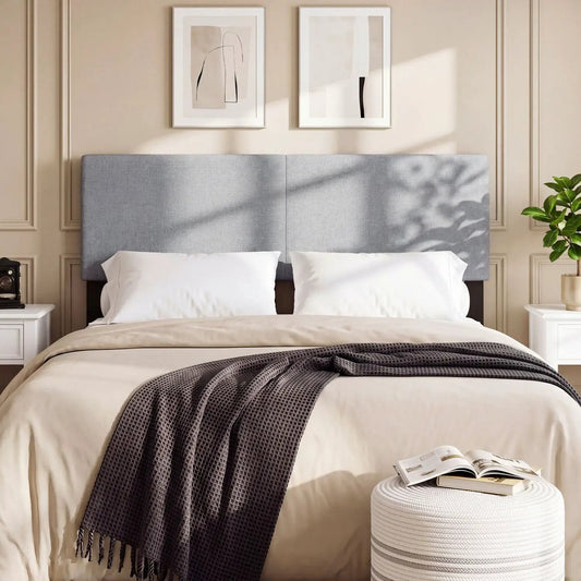 Upholstered headboard, vertical quilting, light gray fabric for queen/full bed on beige wall on Tampa Home & Garden Store
