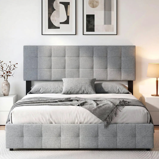 Upholstered headboard and footboard set (queen/full) with adjustable legs in light gray fabric; tufted panels on bed on Tampa Home & Garden Store