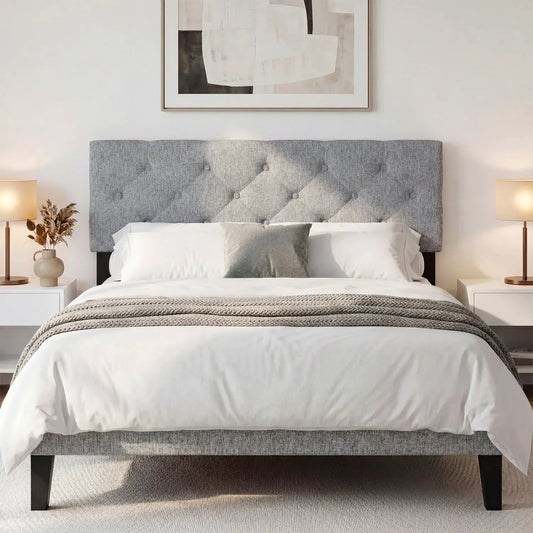 Headboard upholstered in grey fabric with diamond tufting, queen/full size, DirectDeals on Tampa Home & Garden Store