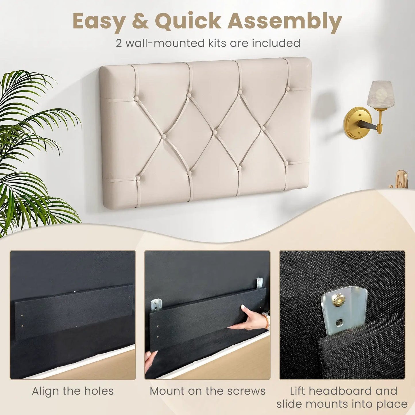 Upholstered twin headboard in beige fabric with diamond tufting for twin beds on Tampa Home & Garden Store