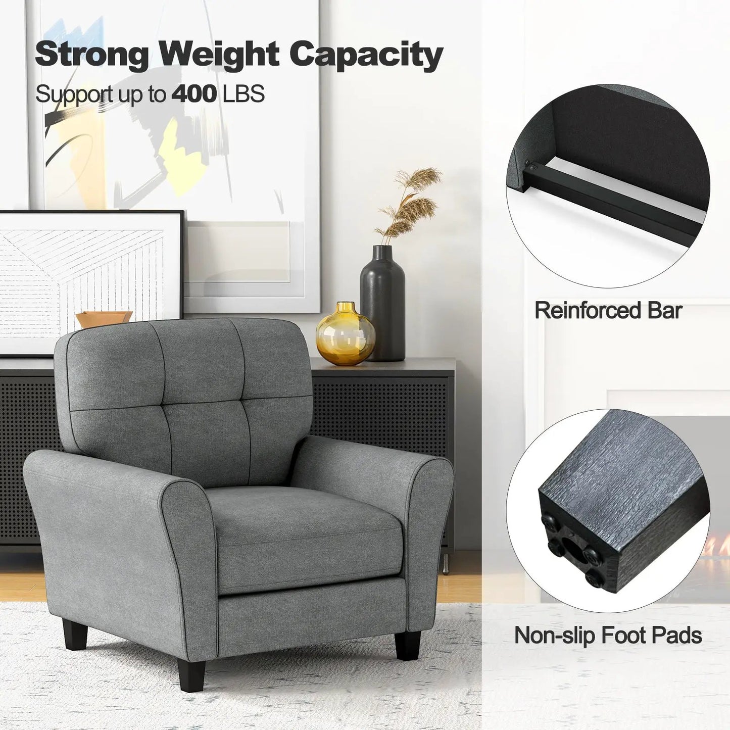 Upholstered Accent Chair gray fabric with rubber wood legs DirectDeals armchair on Tampa Home & Garden Store
