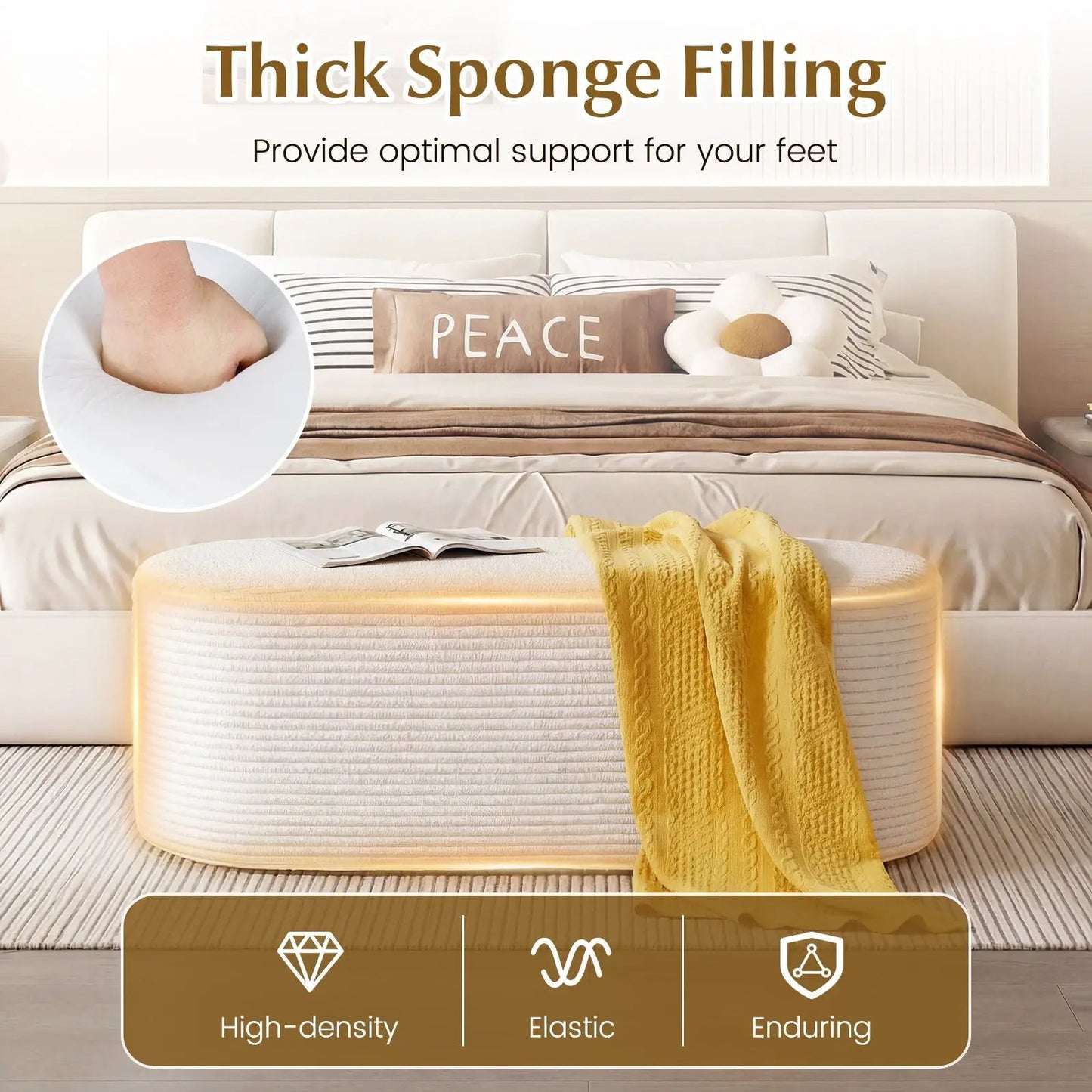 Upholstered corduroy ottoman bench beige at foot of bed in a modern bedroom on Tampa Home & Garden Store