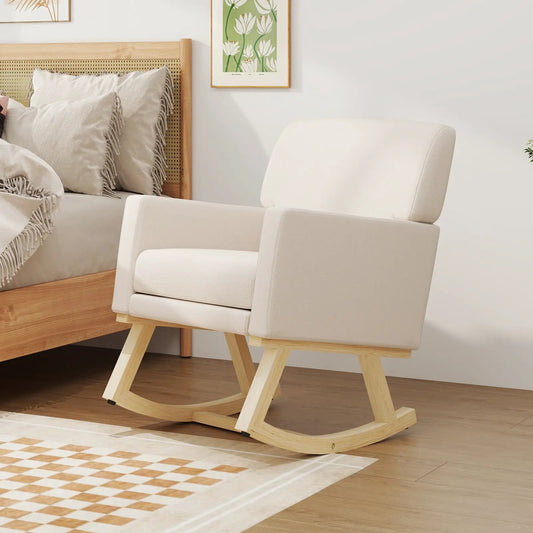 Upholstered rocking chair with solid wood base, beige fabric, wood rockers DirectDeals on Tampa Home & Garden Store