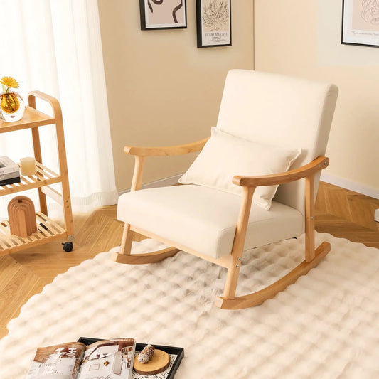Rocking chair with beige upholstered cushions and natural rubberwood frame on Tampa Home & Garden Store