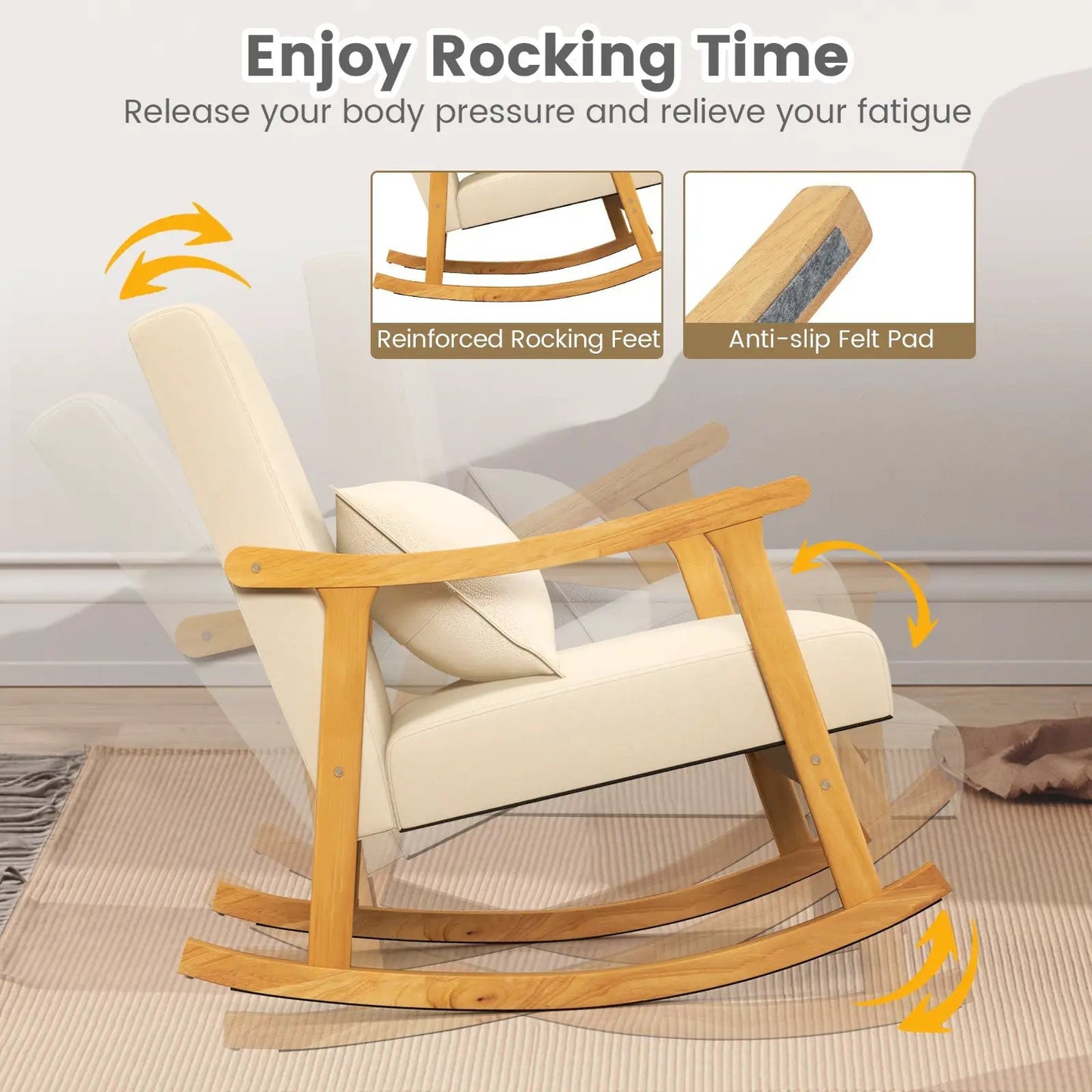 Rocking Chair with Pillow, cream upholstery on natural rubberwood frame DirectDeals on Tampa Home & Garden Store