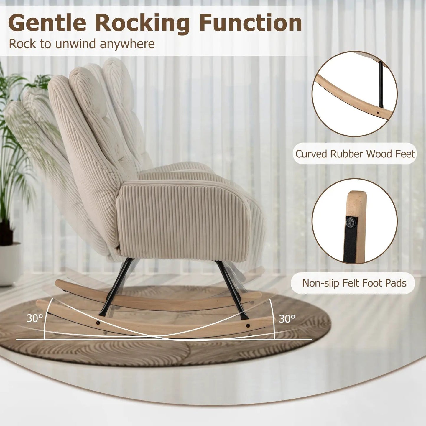 Upholstered Nursery Glider Rocker beige fabric with padded backrest and curved rubber wood feet on Tampa Home & Garden Store