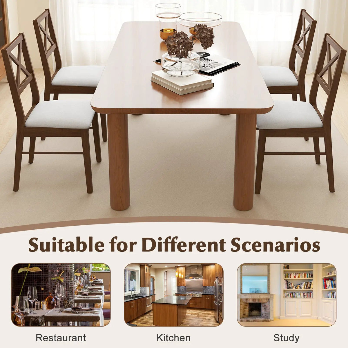 Upholstered side dining chairs set of 2 with rubber wood frames, light gray seats, brown finish on Tampa Home & Garden Store
