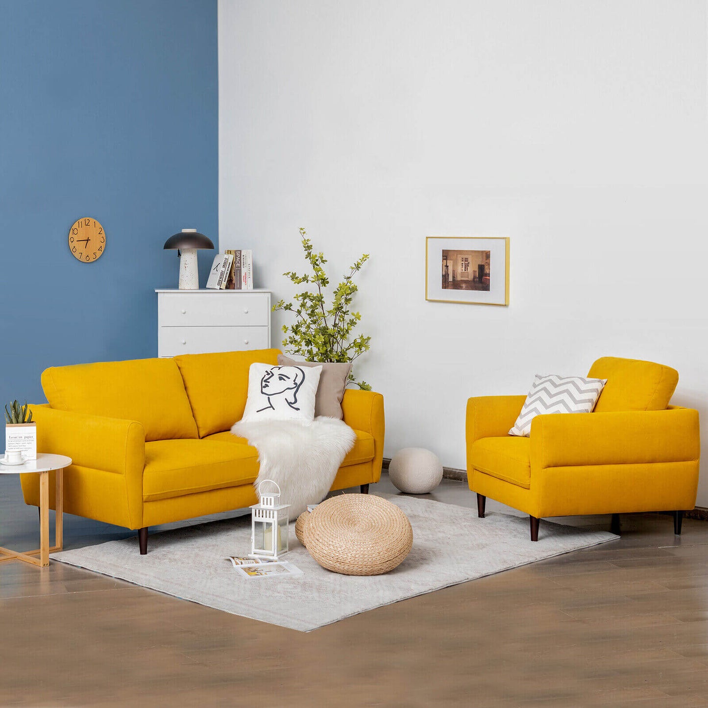 Two-piece yellow sofa set; loveseat and armchair with removable cushion covers on Tampa Home & Garden Store