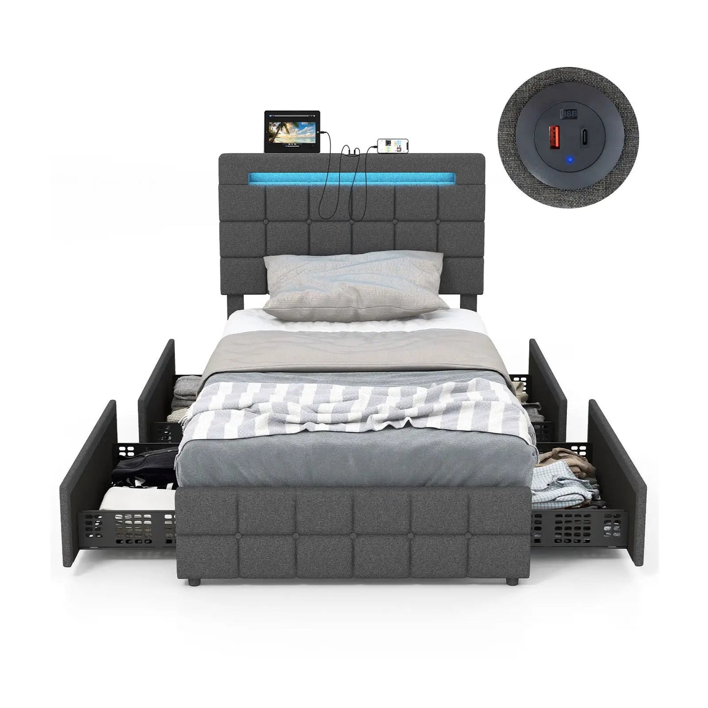 Upholstered LED Bed Frame with Headboard and 4 Drawers-Full Size - Tampa Home & Garden Store