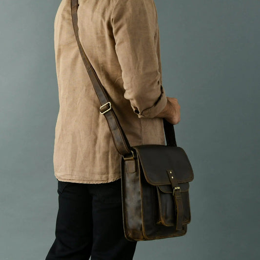 Urban Messenger Bag with Adjustable Strap Pockets brown leather crossbody with front flap on Tampa Home & Garden Store