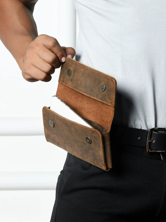Urban Mobile Holster Case buffalo leather brown with metal snap closures, worn on belt on Tampa Home & Garden Store