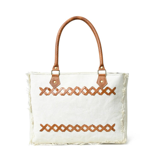Urban Zigzag Canvas Shopper Tote Bag with tan leather handles and lattice front on Tampa Home & Garden Store