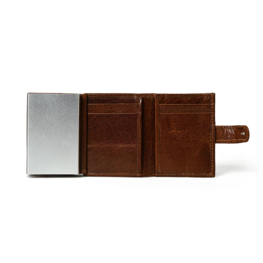 UrbanEdge wallet and card holder in brown full-grain leather with silver aluminium case on Tampa Home & Garden Store
