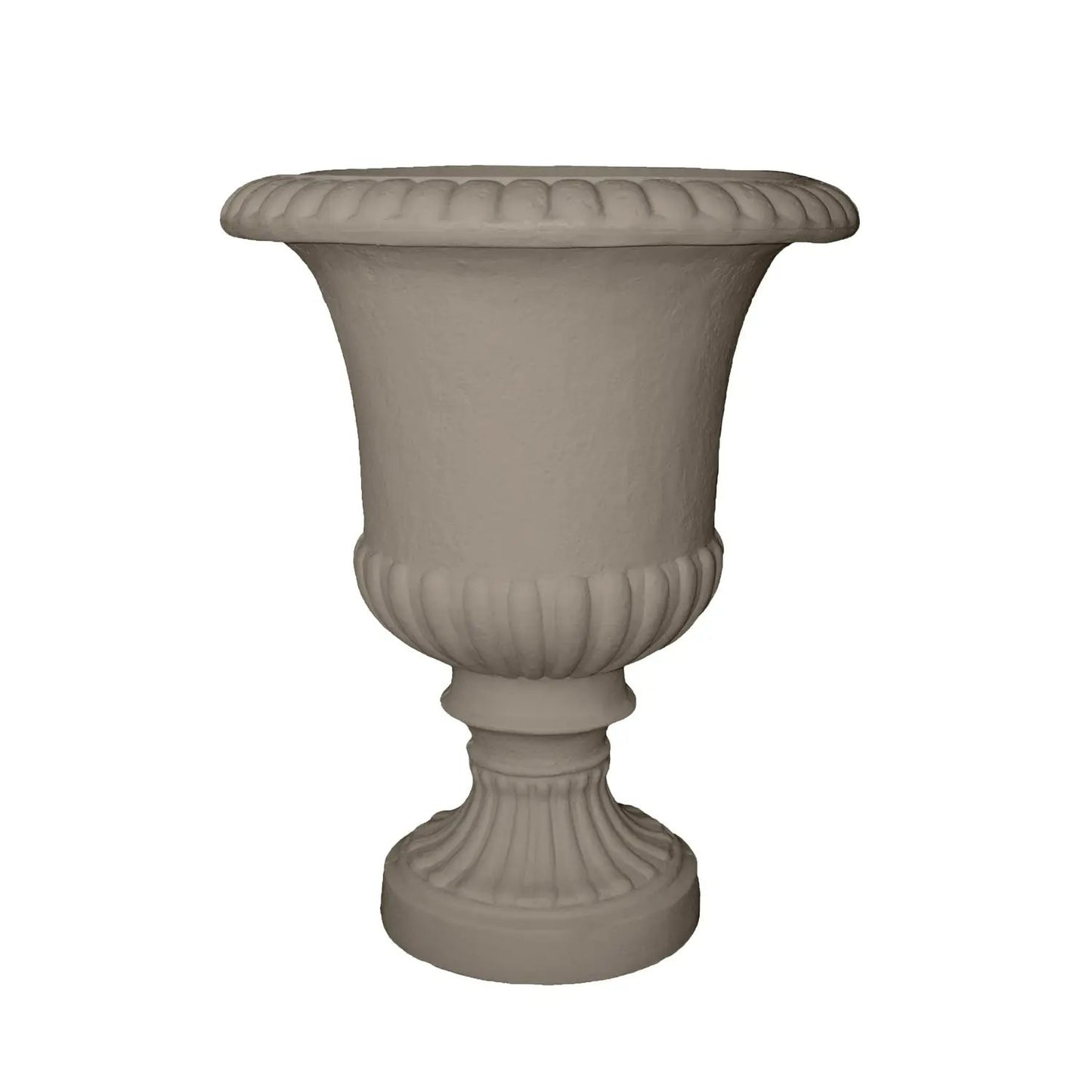 Large beige urn planter for outdoor garden with fluted base and ribbed rim on Tampa Home & Garden Store