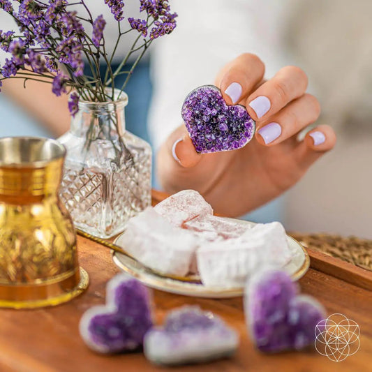 Uruguayan amethyst love-heart cluster held in hand; vivid purple crystal points, Conscious Items on Tampa Home & Garden Store