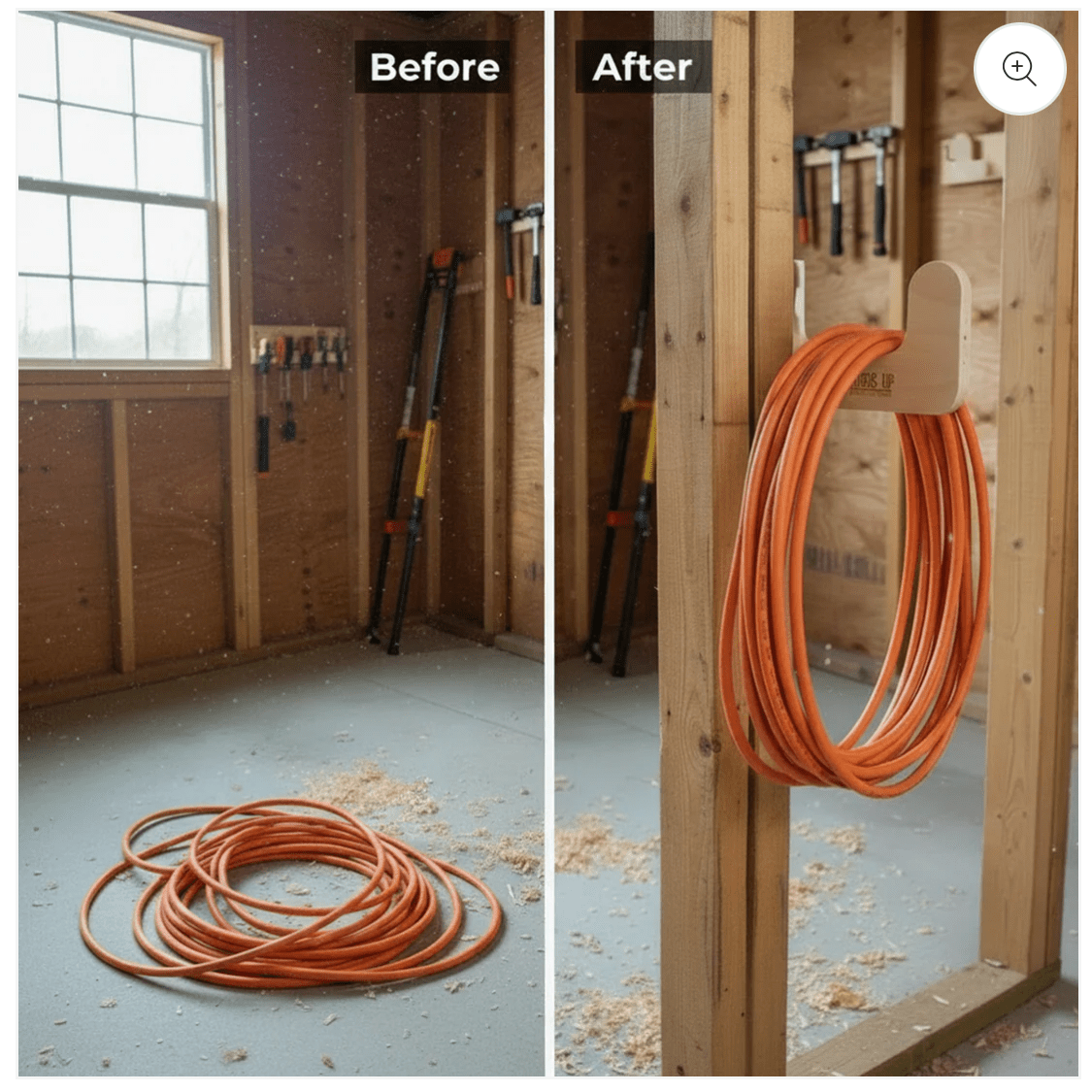 Utility Organizers and Yard Tool Rack; orange cord hung on wall rack vs coiled on floor on Tampa Home & Garden Store