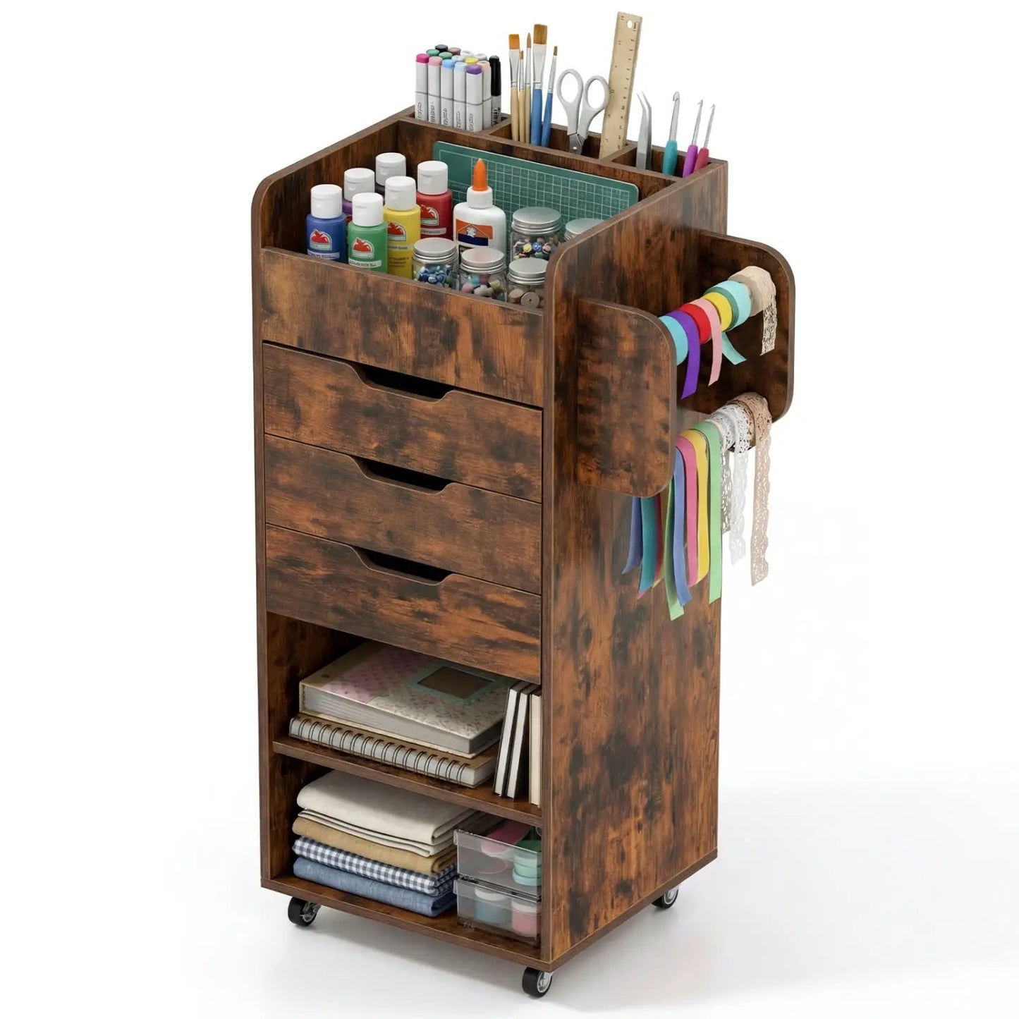 Wooden utility trolley with open shelves, 3 drawers and side ribbon rack on Tampa Home & Garden Store