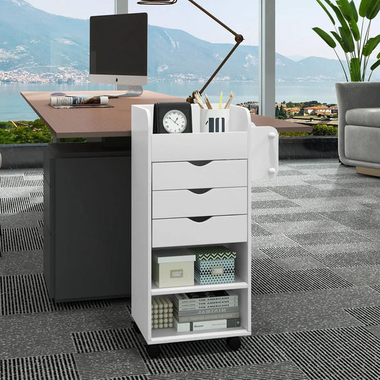 Utility trolley in white with open shelves and three drawers with wheels on Tampa Home & Garden Store