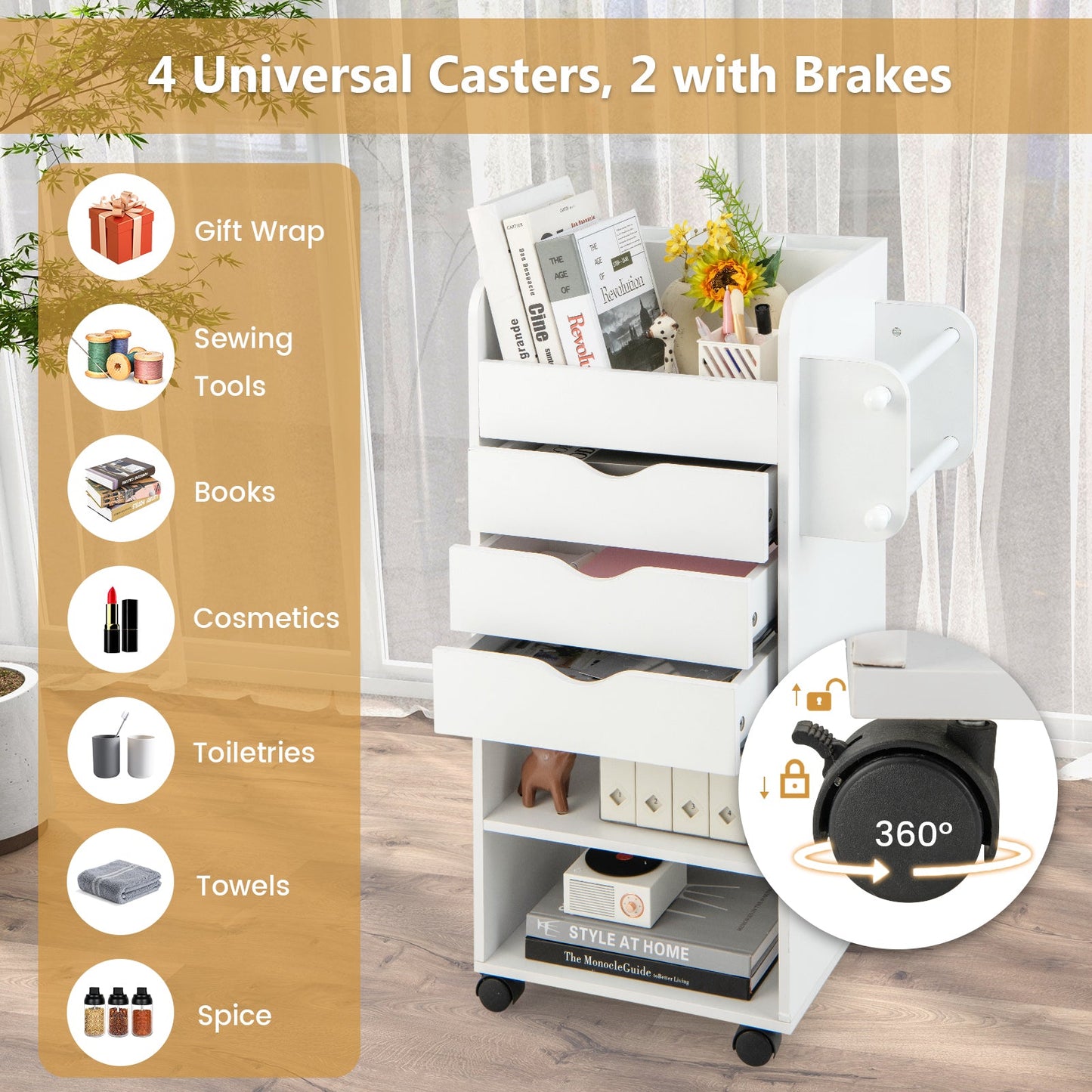 DirectDeals utility trolley with open shelves and 3 drawers, white, on wheels on Tampa Home & Garden Store