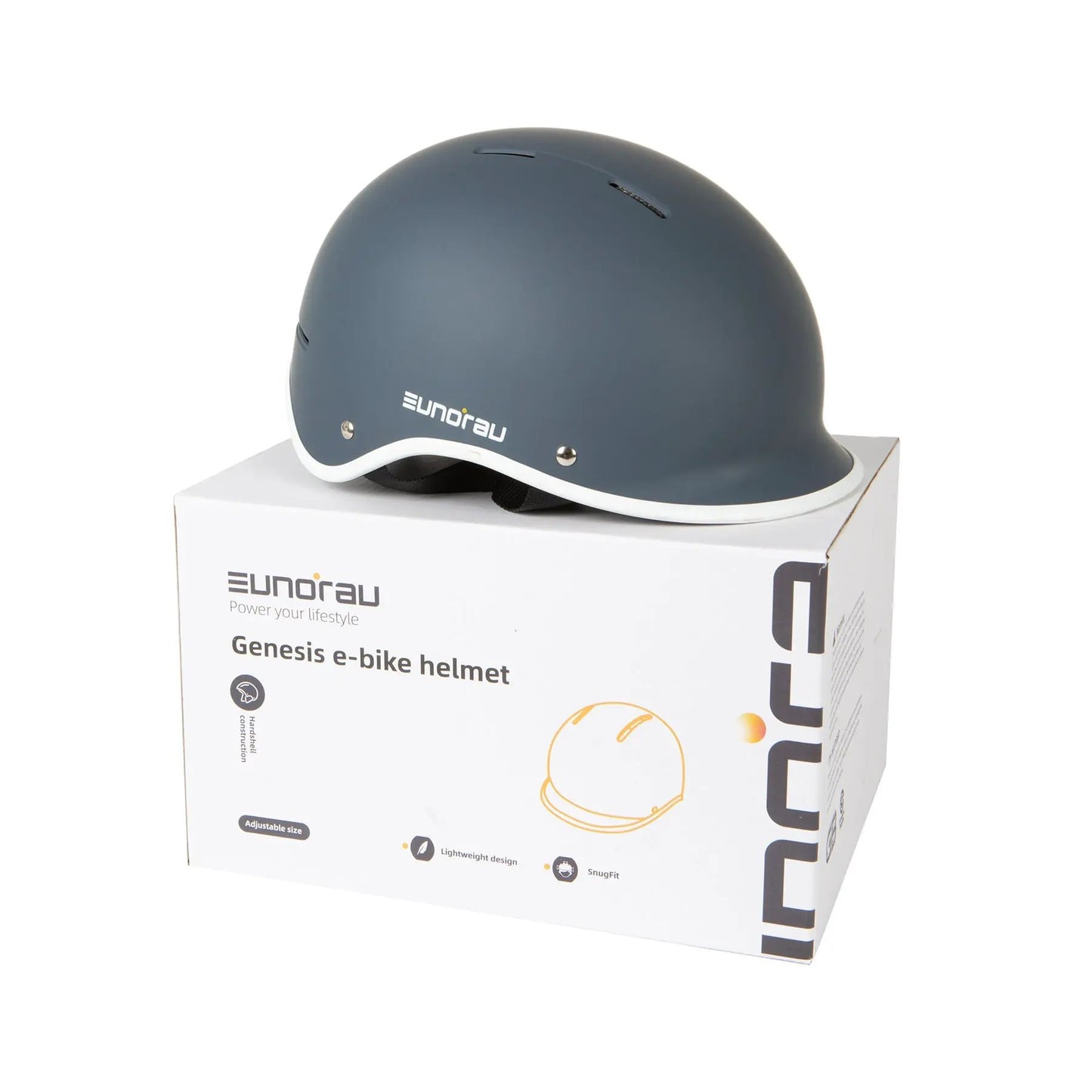 EUNORAU Genesis e-bike helmet matte blue-gray with white edge on box on Tampa Home & Garden Store