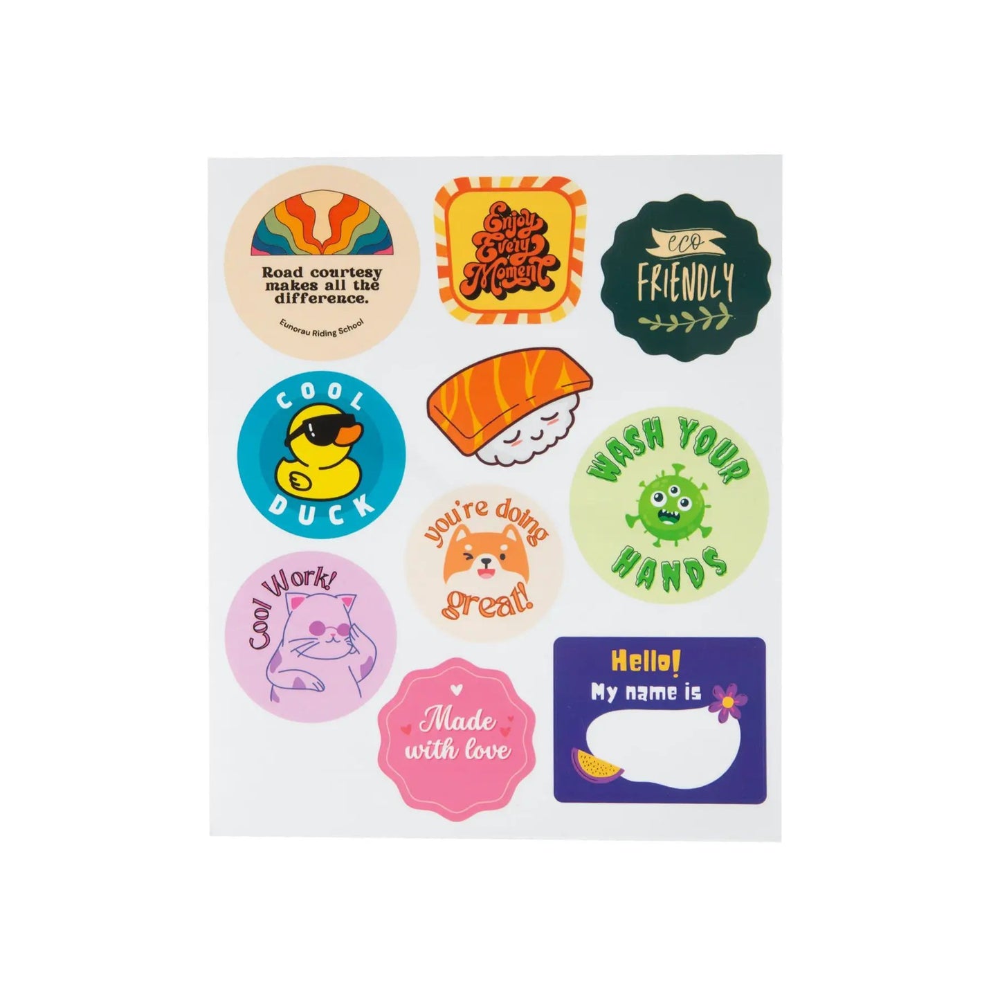 Kids helmet sticker sheet with colorful round decals featuring text and cartoon icons on Tampa Home & Garden Store
